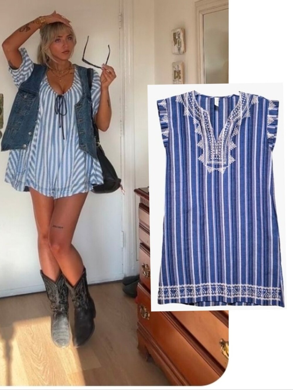 Embroidered Dress Cotton Stripe Shift Dress Boho Prep